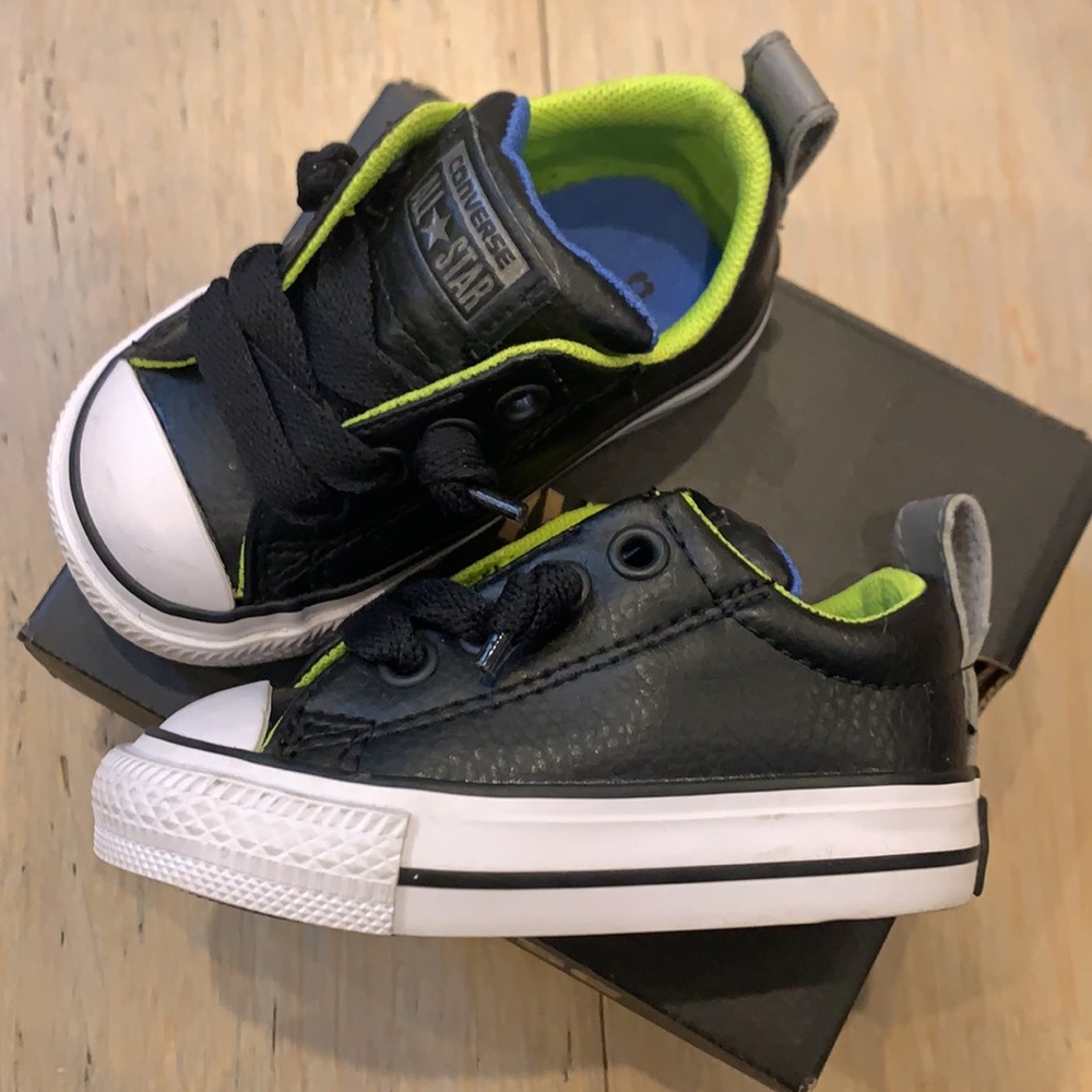 Infant Converse All Star Black/White/Bold Lime Low Slip On Sneaker. Size 3.